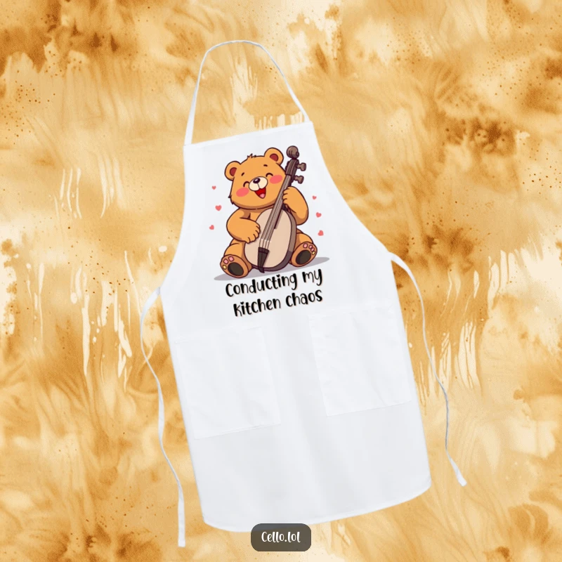 Funny bear apron playing cello with immense enthusiasm, a humorous kitchen essential for musical cooks. Great funny gift.