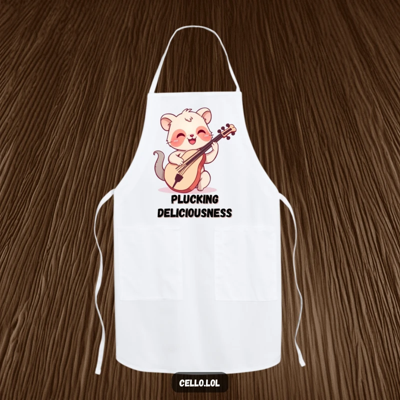 Funny kitchen apron with a happy animal smiling while plucking cello strings, perfect for music-loving chefs.