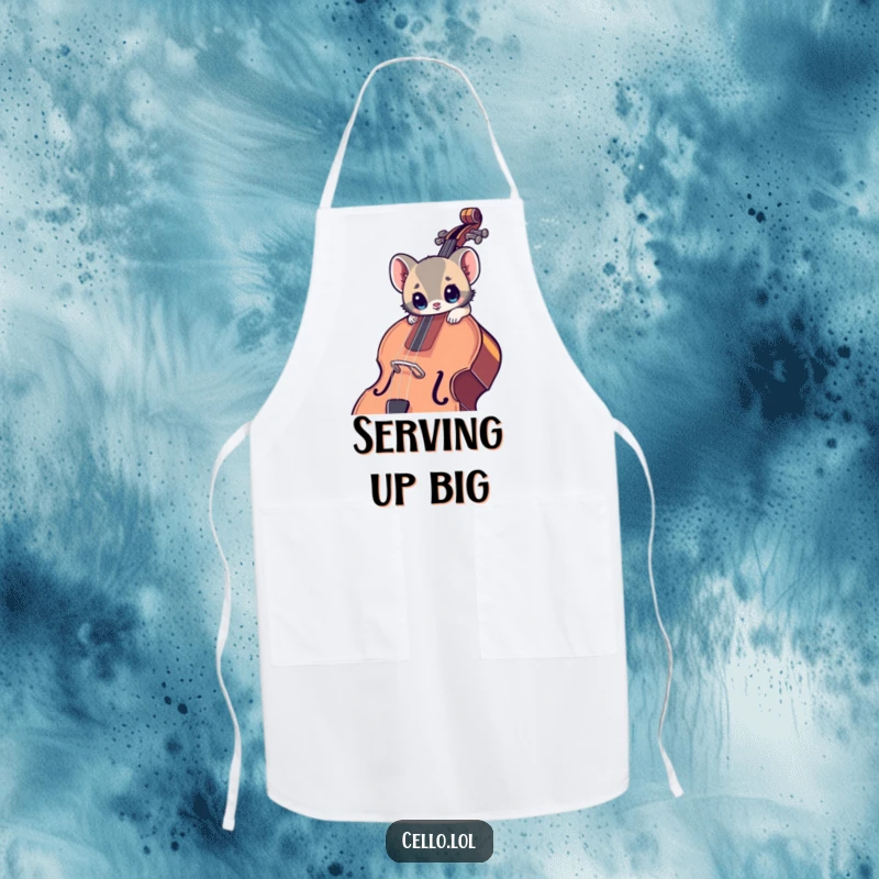 Funny kitchen apron with a small animal, wide eyes, leaning into a large cello, perfect for music-loving chefs.