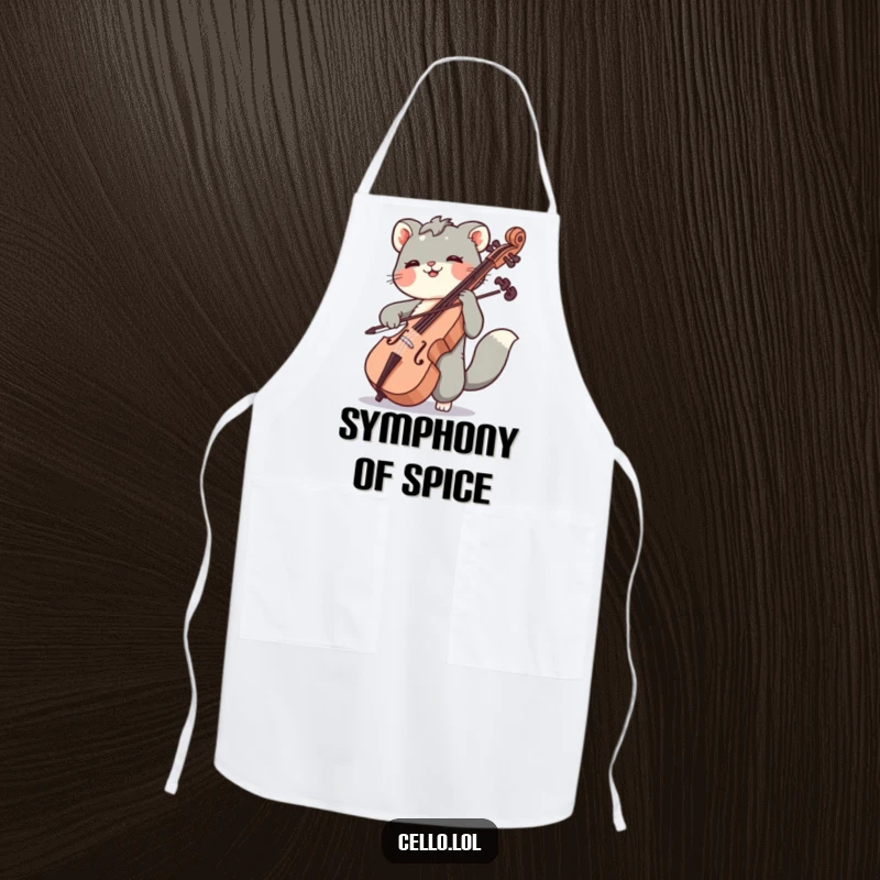 Funny kitchen apron featuring an animal joyfully bowing cello strings, ideal for cooks who appreciate music and a good laugh.