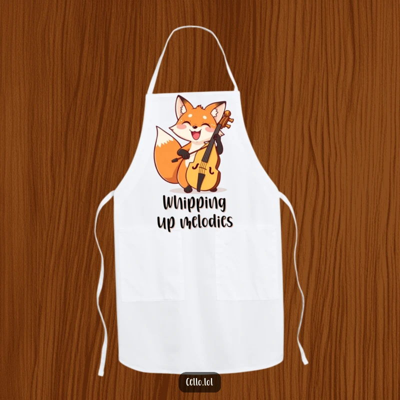 Funny fox apron bowing cello with a wide joyful grin, a humorous kitchen essential for musical chefs. Great funny gift.