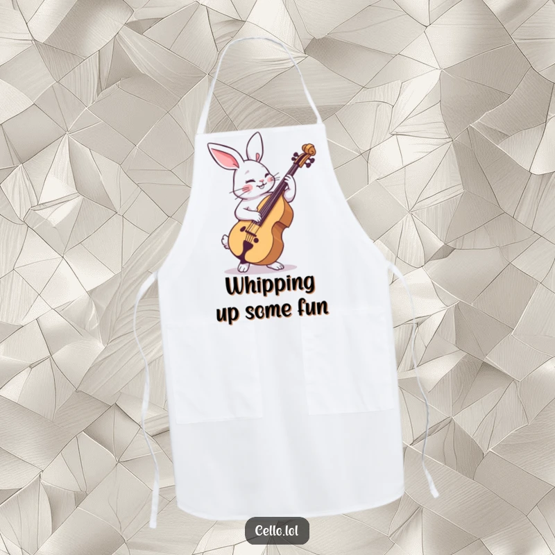 Funny rabbit apron strumming cello with playful abandon, a humorous kitchen essential for musical cooks. Great funny gift.
