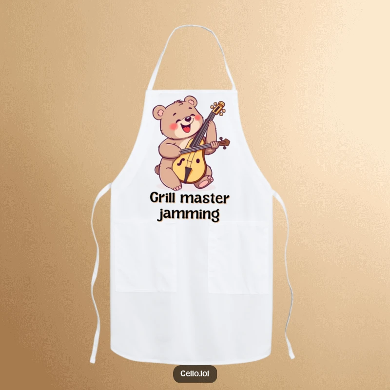 Funny happy bear strumming cello with enthusiastic energy, musical apron, kitchen accessory, energetic chef, great funny gift.