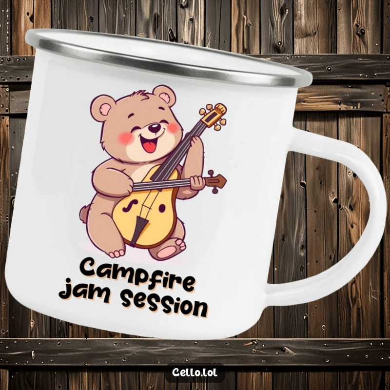 Funny happy bear strumming cello with enthusiastic energy, tough camping mug, outdoor music, energetic animal, great funny gift.