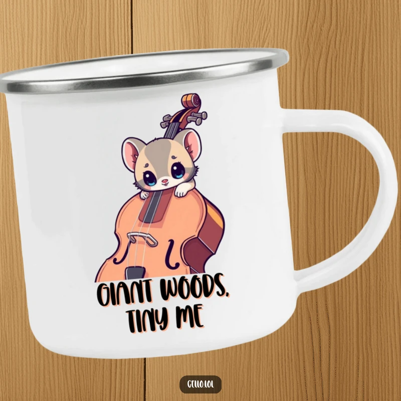 Funny enamel camping mug with a small animal, wide eyes, leaning into a large cello, perfect for outdoor music fans.