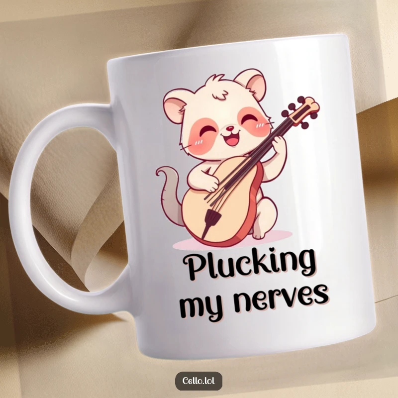 Funny ceramic mug showing a happy animal with a wide smile plucking cello strings, radiating musical joy and humor.