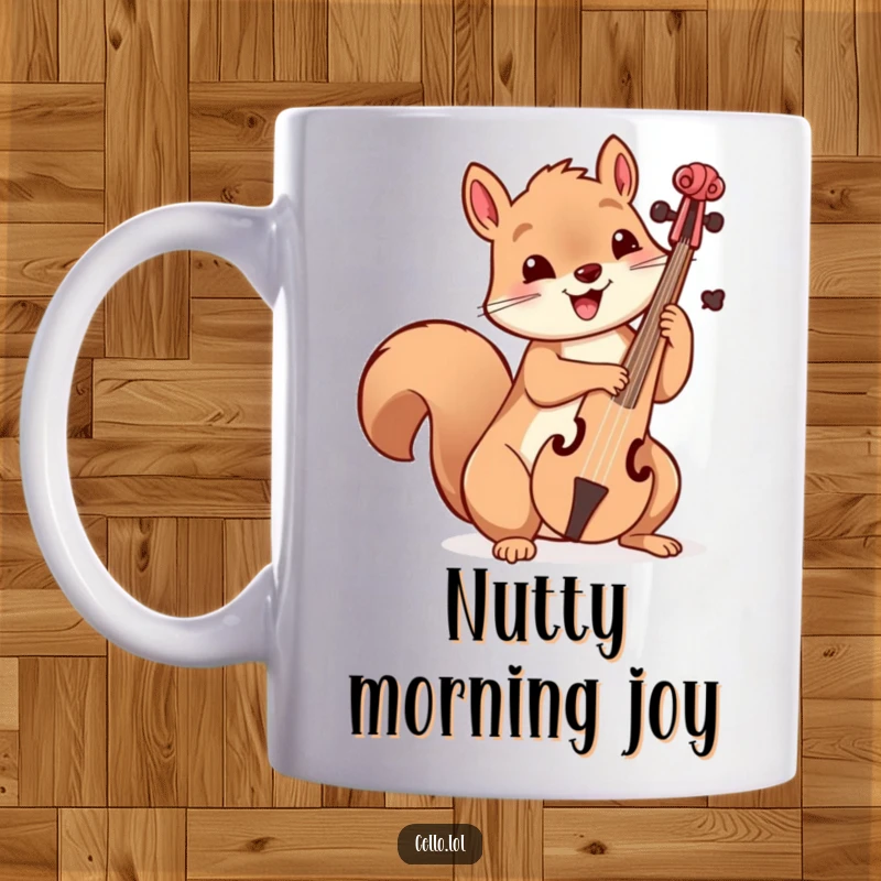 Funny playful squirrel holding cello bow with delight, happy creature, musical accessory, coffee mug, cute animal, perfect funny gift.
