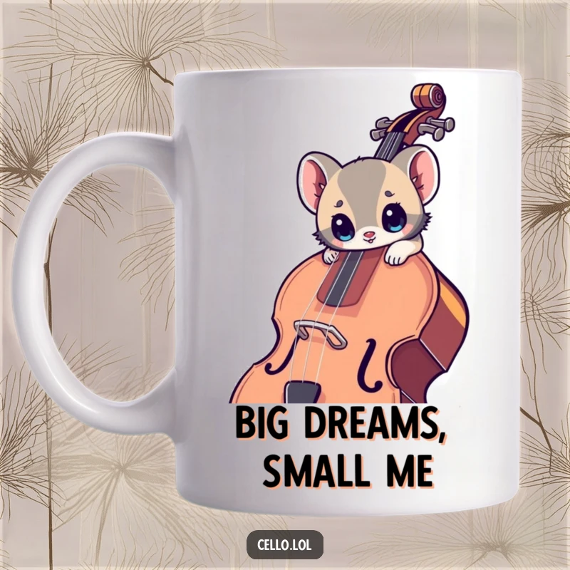 Funny ceramic mug featuring a small animal with wide, curious eyes leaning into a large cello, expressing musical fascination.