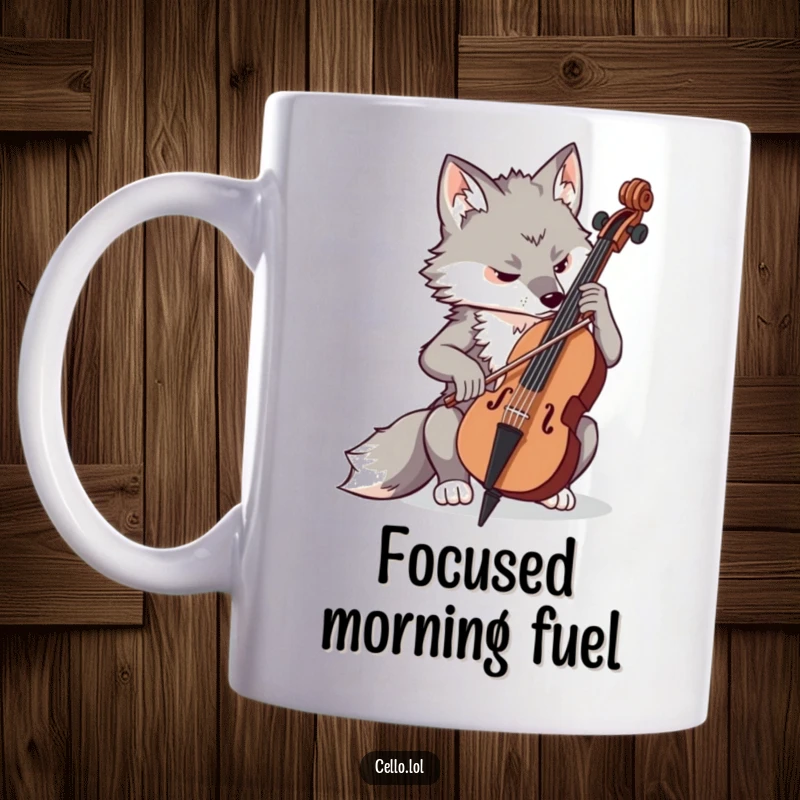 Funny determined wolf concentrating on playing cello, focused musician animal, coffee mug, intense expression, great funny gift.
