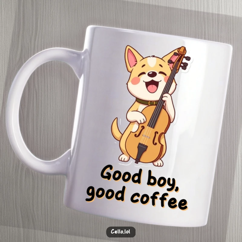 Funny dog mug holding cello looking very proud, a triumphant musician celebrating success with joy. Excellent funny gift for cello players.