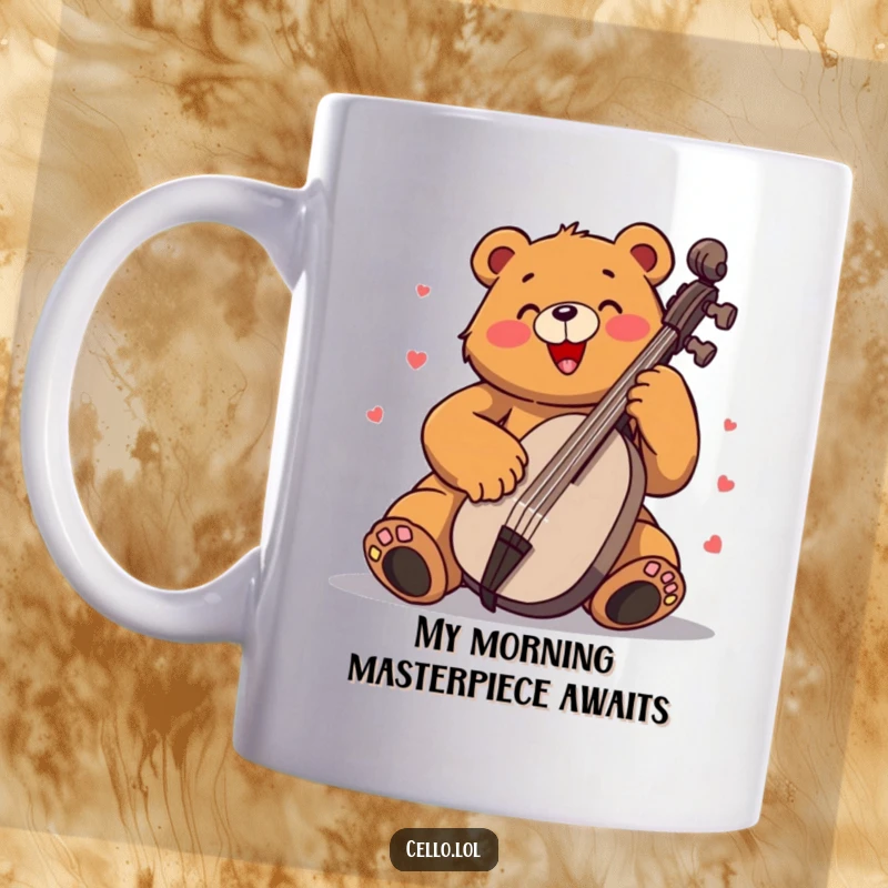 Funny bear mug playing cello with immense enthusiasm, a joyful musician expressing passion and humor. Ideal gift for cello players.