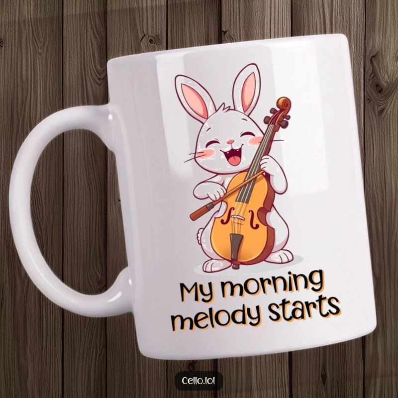Funny rabbit playing cello with a wide smile, joyful expression, musical instrument, happy, performing, perfect gift idea.