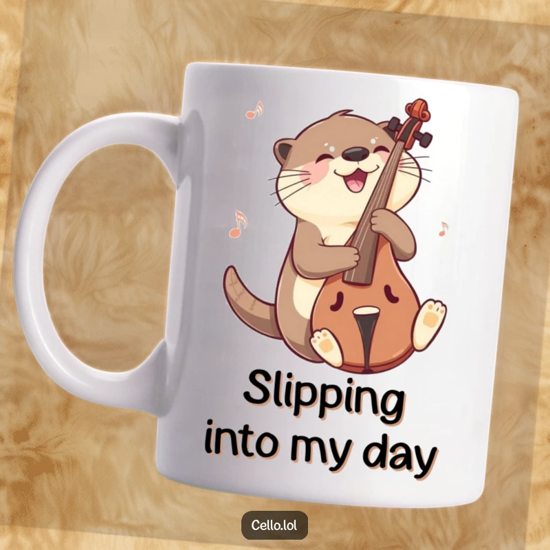 Funny otter mug sliding on cello with a musical gleam, a joyful musician having fun. Excellent funny gift for cello players.