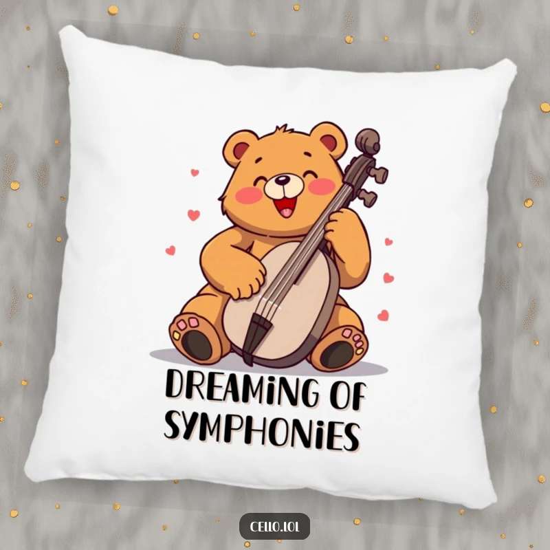 Funny bear pillow playing cello with immense enthusiasm, a soft and humorous decorative item. Ideal funny gift.