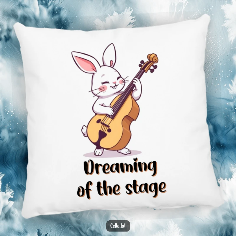 Funny rabbit pillow strumming cello with playful abandon, a soft and humorous decorative item. Ideal funny gift.
