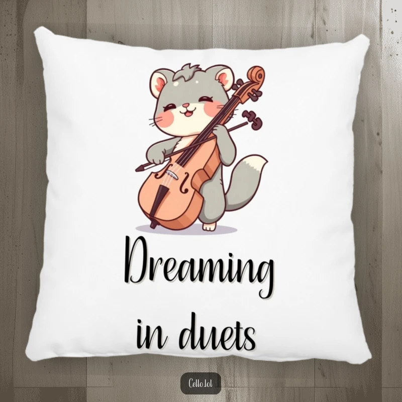 Funny throw pillow depicting an animal joyfully bowing cello strings, offering comfort and a whimsical musical accent.