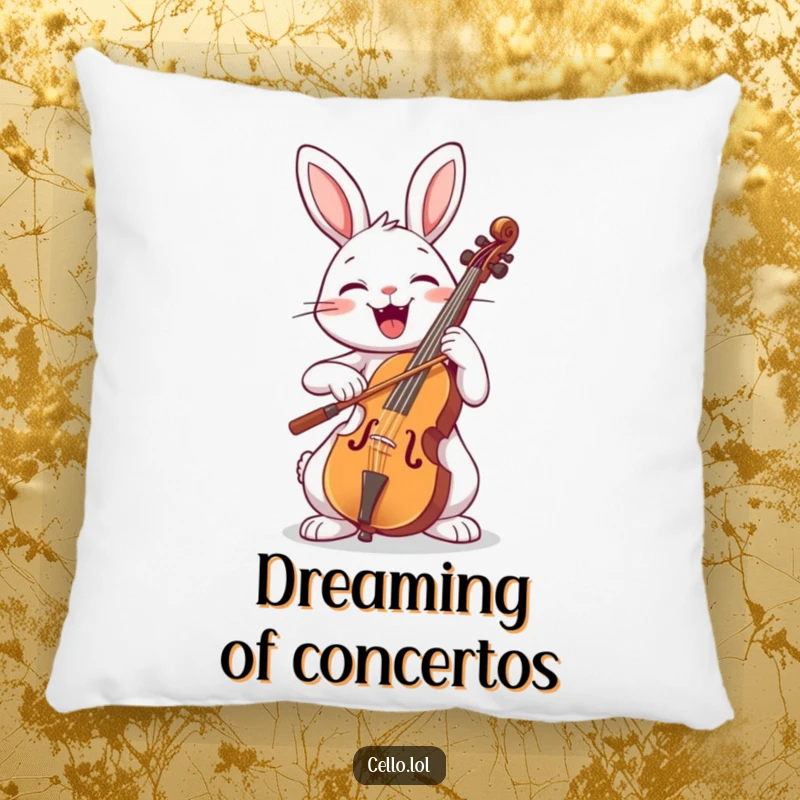 Funny rabbit bowing a cello with a wide smile, soft pillow, musical decor, cute animal, cheerful vibe, excellent funny gift.