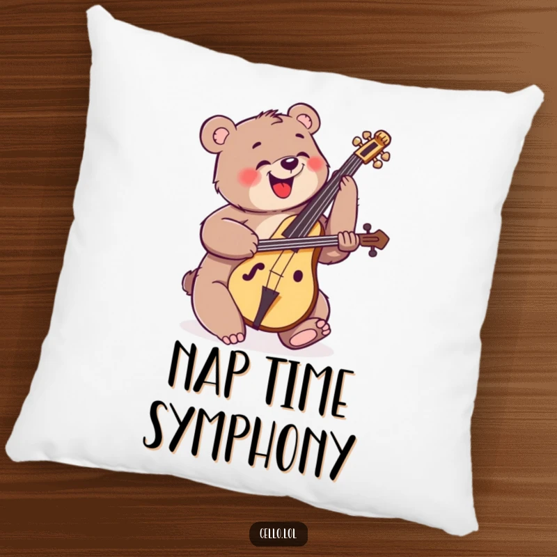 Funny happy bear strumming cello with enthusiastic energy, comfortable pillow, musical decor, cute animal, lively vibe, perfect funny gift.
