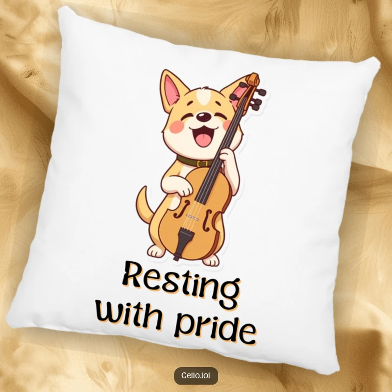 Funny dog pillow holding cello looking very proud, a soft and humorous decorative item. Ideal funny gift.