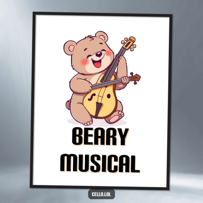 Funny happy bear strumming cello with enthusiastic energy, digital art print, musical wall decor, energetic creature, instant funny gift.