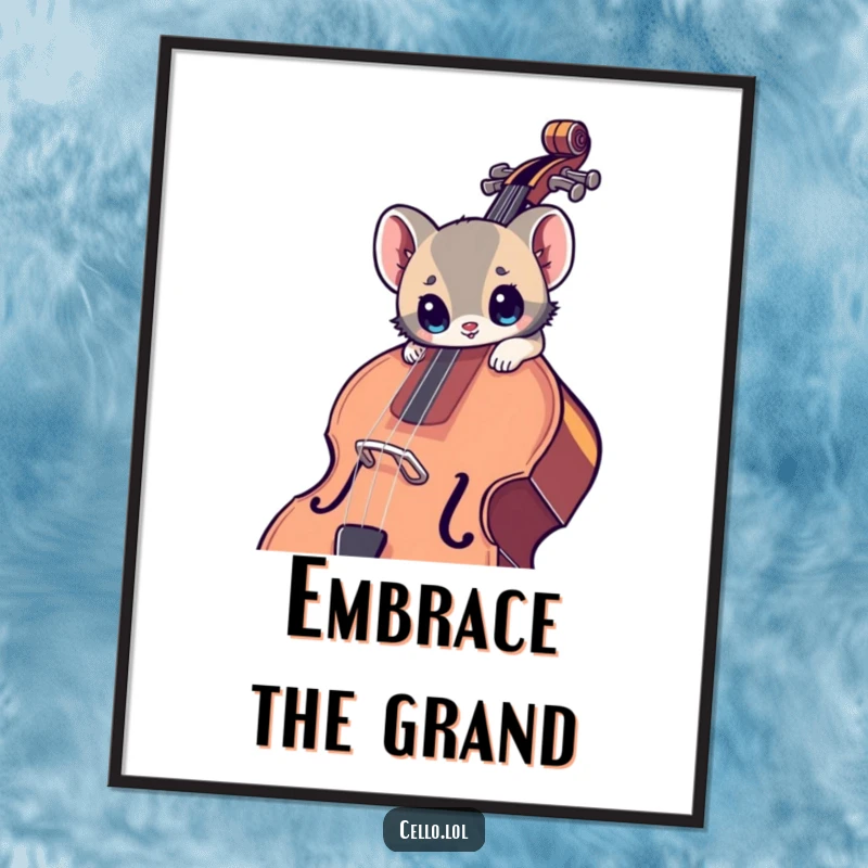 Funny digital art print of a small animal with wide eyes leaning into a large cello, offering instant musical decor.