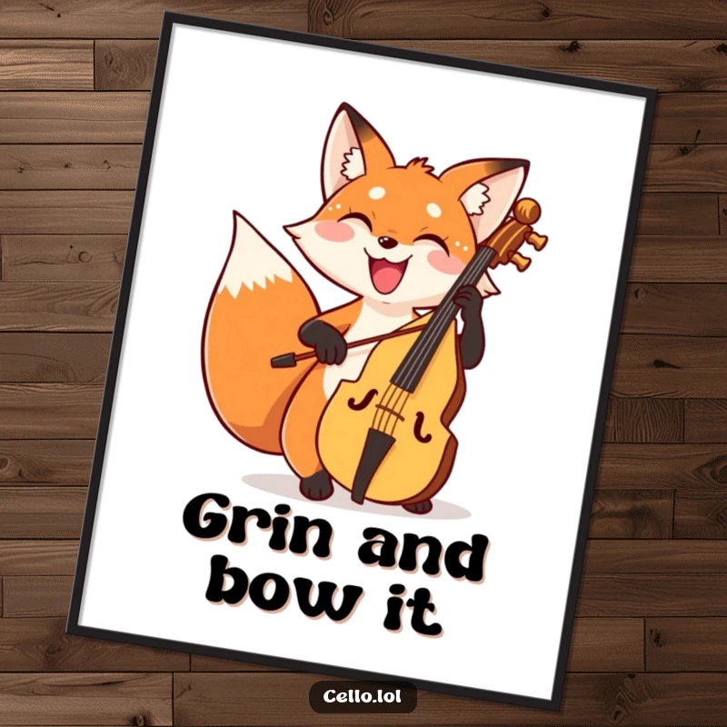 Funny fox digital art print bowing cello with a wide joyful grin, a high-resolution humorous artwork for music lovers. Great gift.