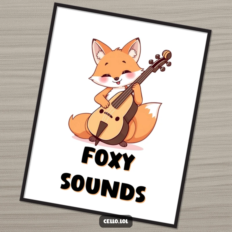 Funny Fox Cello Player Digital Art Print of a cheerful fox playing the cello with a happy, focused look.