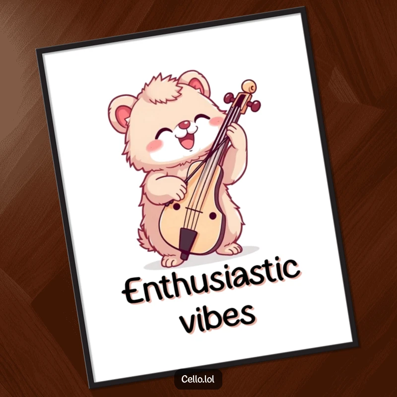 Funny digital art print of a fuzzy creature enthusiastically bowing a cello, offering instant musical decor.