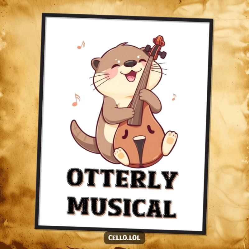 Funny otter digital art print sliding on cello with a musical gleam, a high-resolution humorous artwork for music lovers. Great gift.