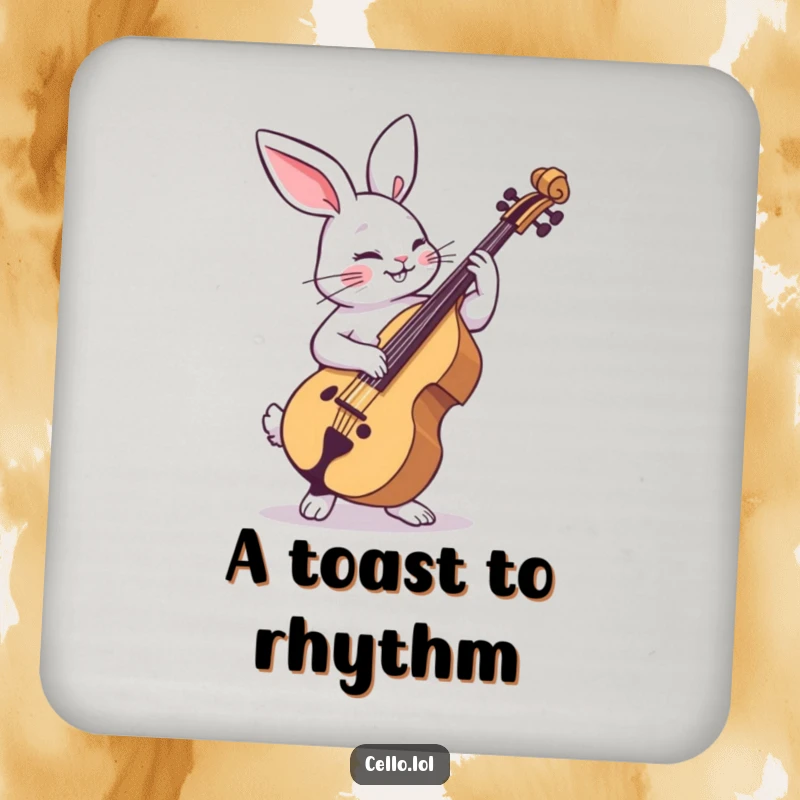 Funny rabbit drink coasters strumming cello with playful abandon, a set of humorous and protective coasters. Perfect funny gift.