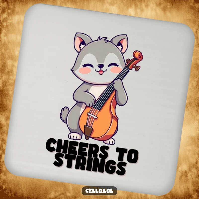 Funny drink coasters featuring a cute, cheerful animal playing the cello, protecting surfaces with musical charm and humor.