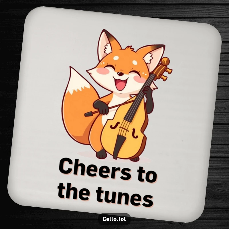 Funny fox drink coasters bowing cello with a wide joyful grin, a set of humorous and protective coasters. Perfect funny gift.