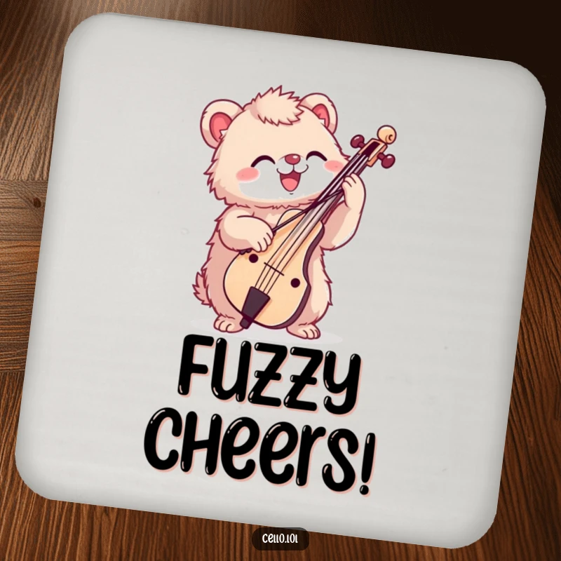 Funny drink coasters with a fuzzy creature enthusiastically bowing a cello, protecting surfaces with musical charm.