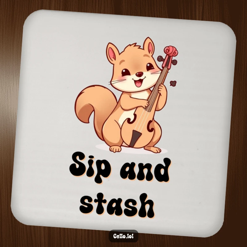 Funny playful squirrel holding cello bow with delight, musical coasters, cute animal decor, set of funny gifts, table protection.
