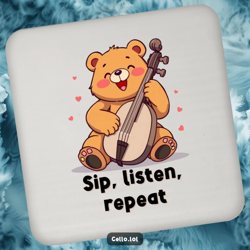 Funny bear drink coasters playing cello with immense enthusiasm, a set of humorous and protective coasters. Perfect funny gift.