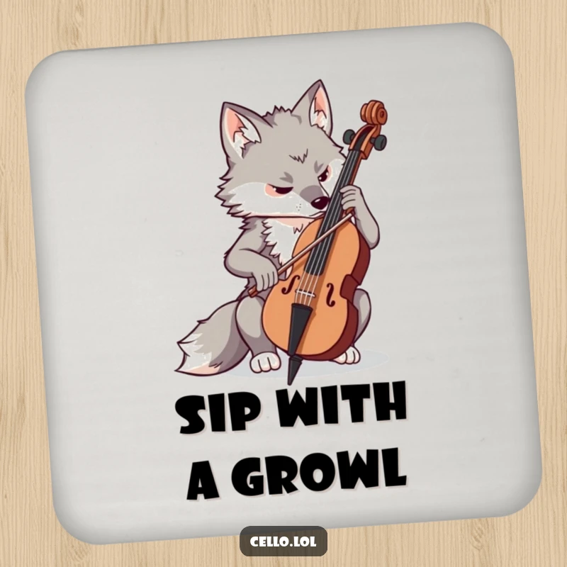 Funny determined wolf playing cello with concentration, musical coasters, focused animal decor, set of funny gifts, table protection.