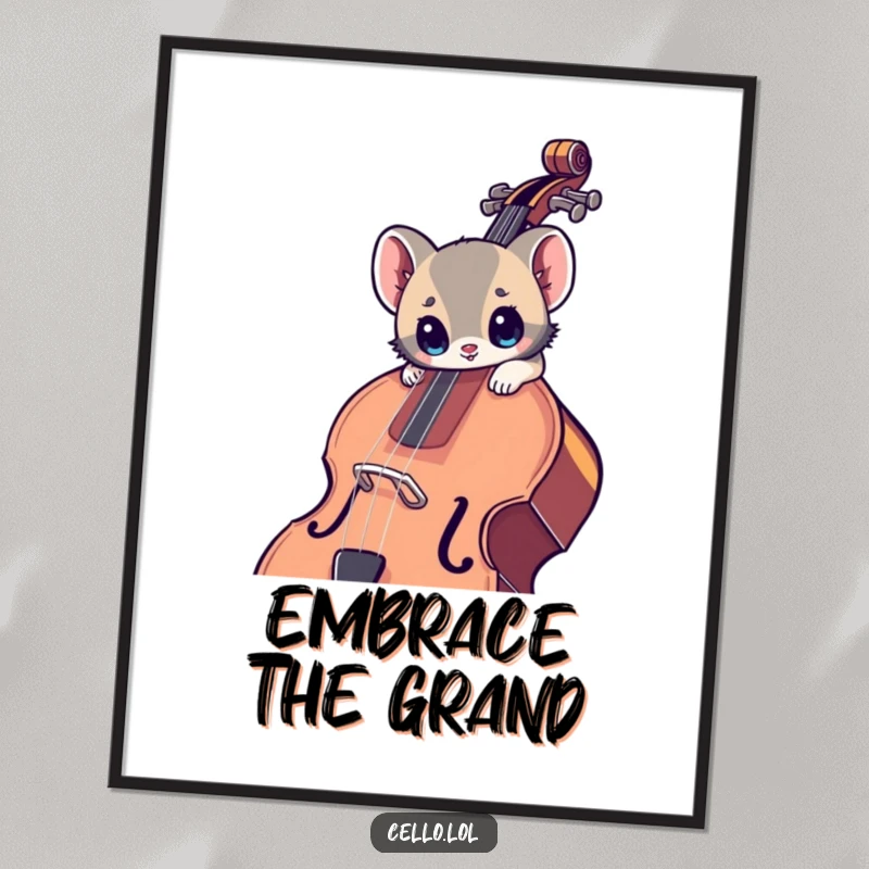 Funny poster featuring a small animal with wide eyes leaning into a large cello, showcasing musical awe and decorative humor.