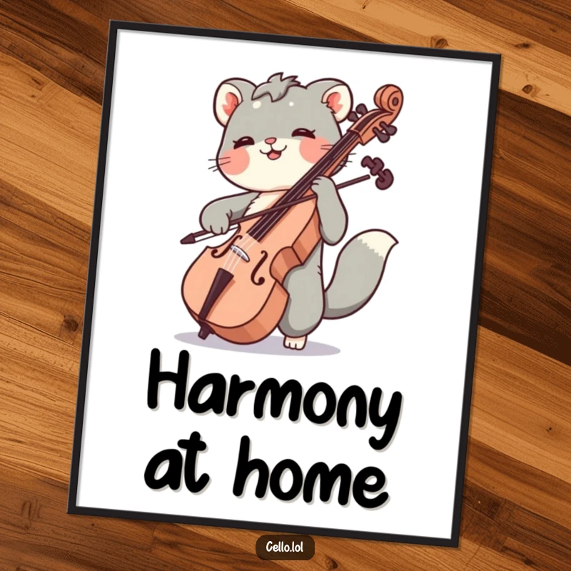 Funny poster illustrating an animal joyfully moving its bow across cello strings, enhancing decor with musical passion and humor.