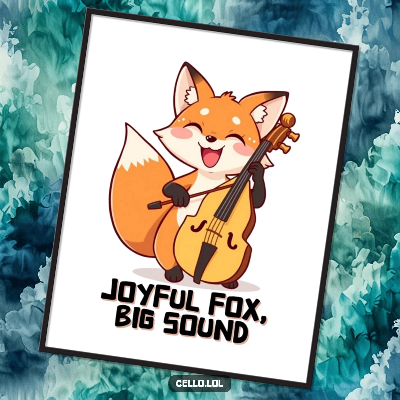 Funny fox poster bowing cello with a wide joyful grin, a vibrant and humorous piece of musical wall art. Perfect gift.