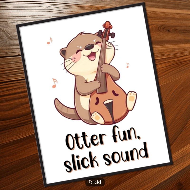 Funny otter poster sliding on cello with a musical gleam, a vibrant and humorous piece of musical wall art. Perfect gift.