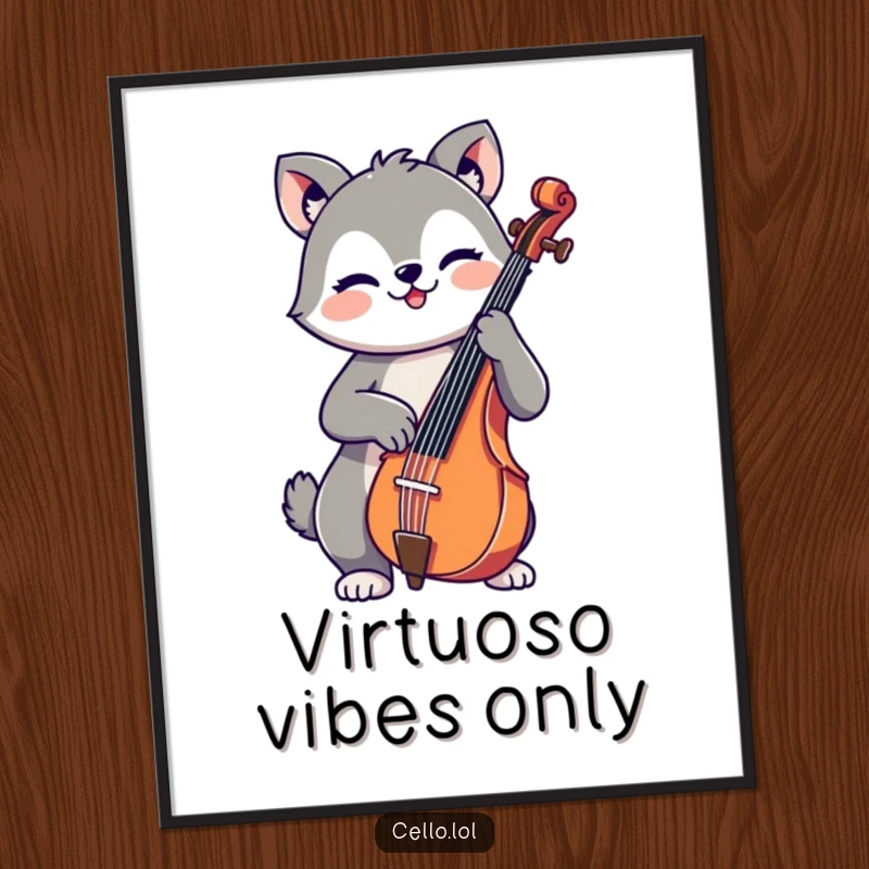 Funny poster showcasing a cute, cheerful animal's joyful cello playing, adding vibrant and humorous musical art to any space.