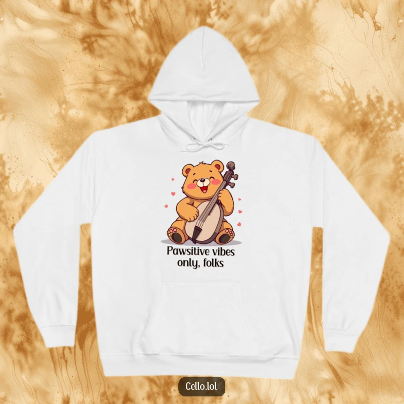 Funny bear hoodie playing cello with immense enthusiasm, a cozy and humorous musical design. Perfect funny gift for cold days.
