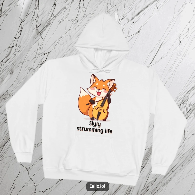 Funny fox hoodie bowing cello with a wide joyful grin, a cozy and humorous musical design. Perfect funny gift for chilly days.