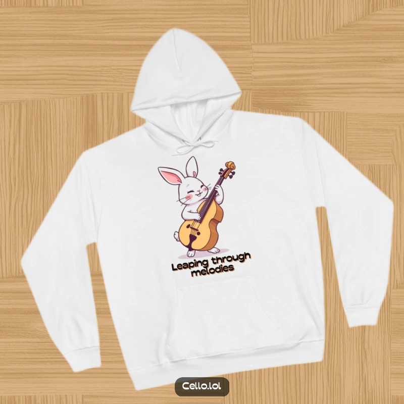 Funny rabbit hoodie strumming cello with playful abandon, a cozy and humorous musical design. Perfect funny gift for cold days.