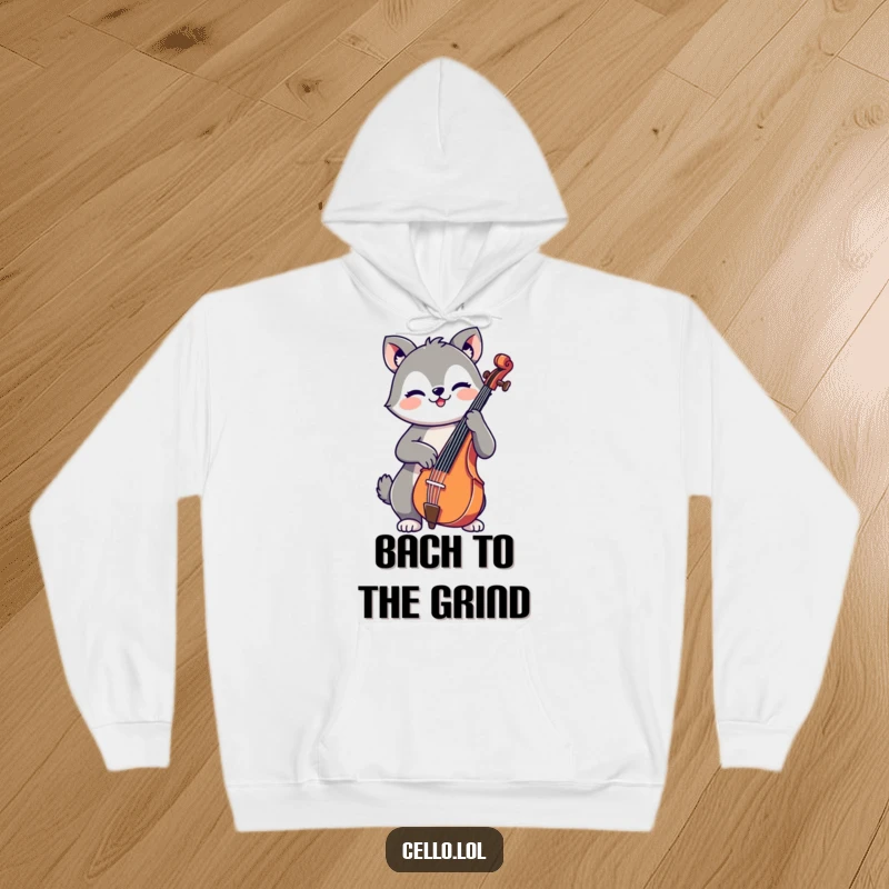Funny hoodie depicting a cute, cheerful animal joyfully playing the cello, providing warmth and humor for music enthusiasts.