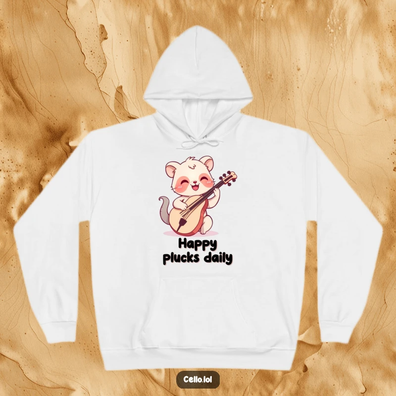 Funny, warm hoodie with a happy animal smiling while plucking cello strings, offering cozy musical charm.