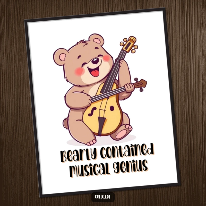 Funny Free Printable Wall Art: A happy bear strumming a cello with explosive, enthusiastic energy, capturing a lively musical moment.