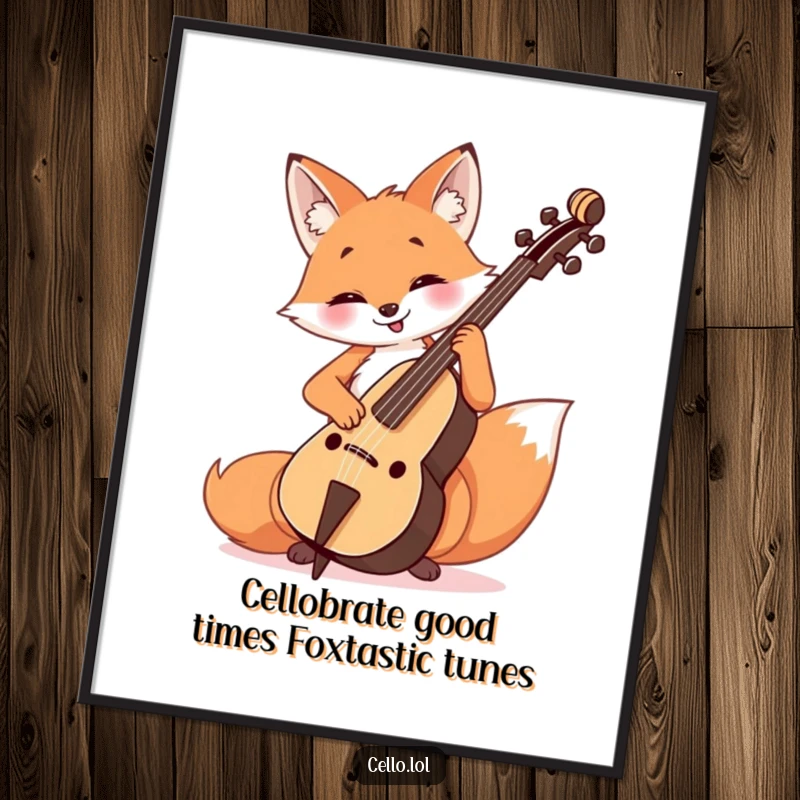 Funny Free Printable Wall Art: A cheerful fox plays the cello with a happy, focused look, ideal for bringing musical whimsy to decor.