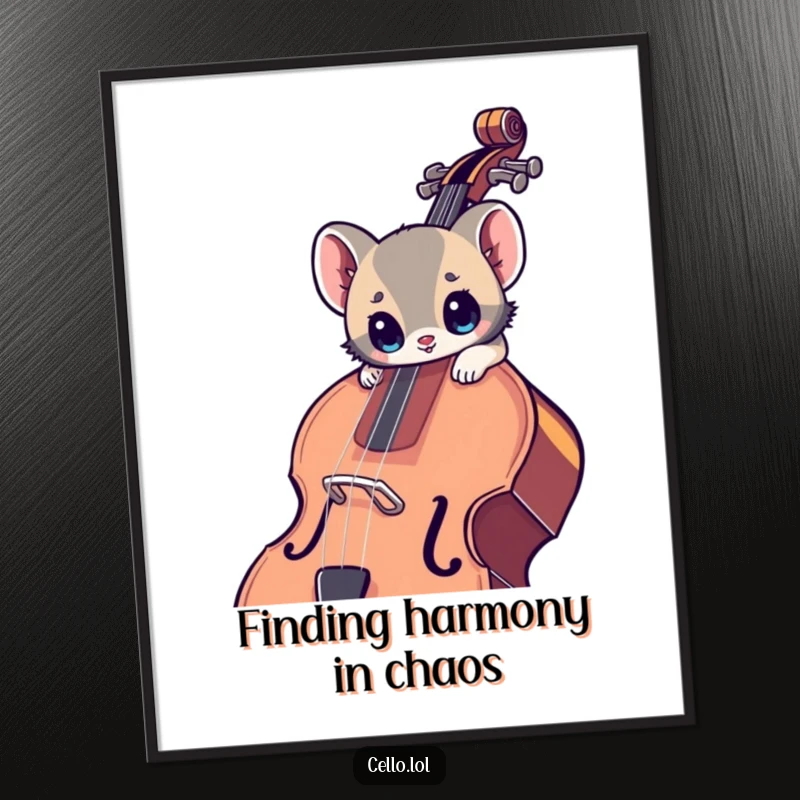 Funny Free Printable Wall Art: A small animal with wide eyes leaning into a large cello, creating whimsical musical decor.