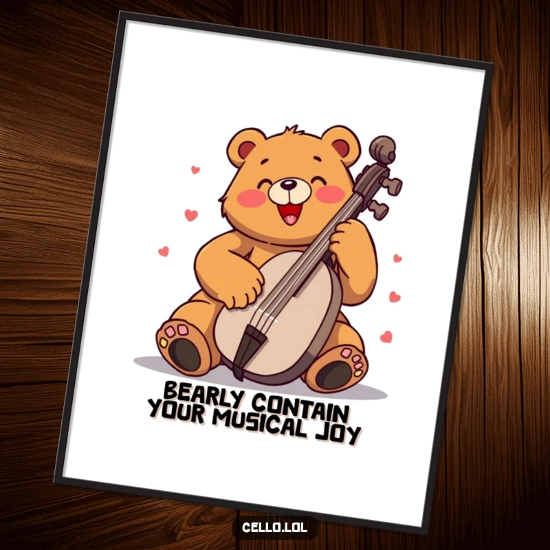 Funny Free Printable Wall Art: A bear plays the cello with over-the-top enthusiasm, creating a vibrant musical scene.
